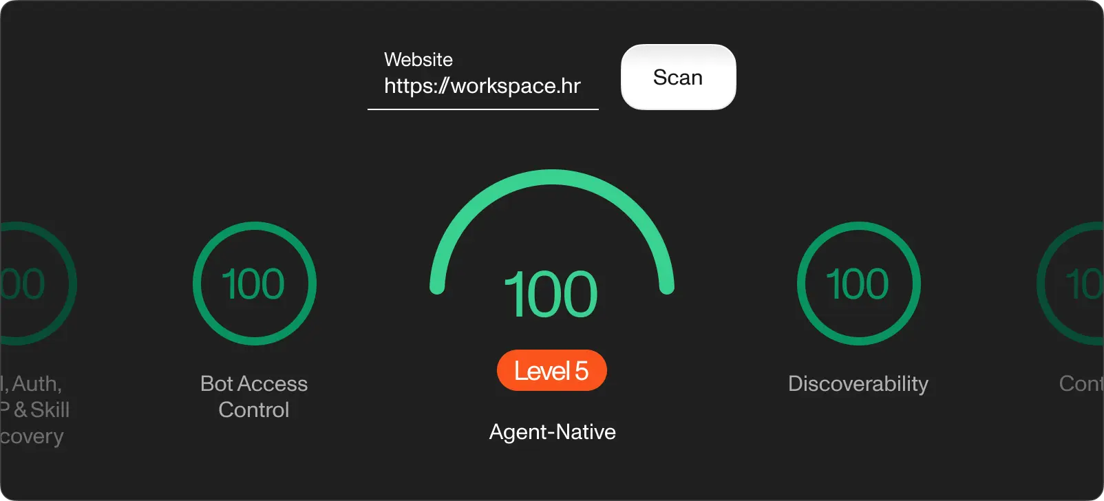 Rezultati Cloudflare Agent Readiness rezultata za workspace.hr koji pokazuju naprednu razinu kroz sve 4 dimenzije
