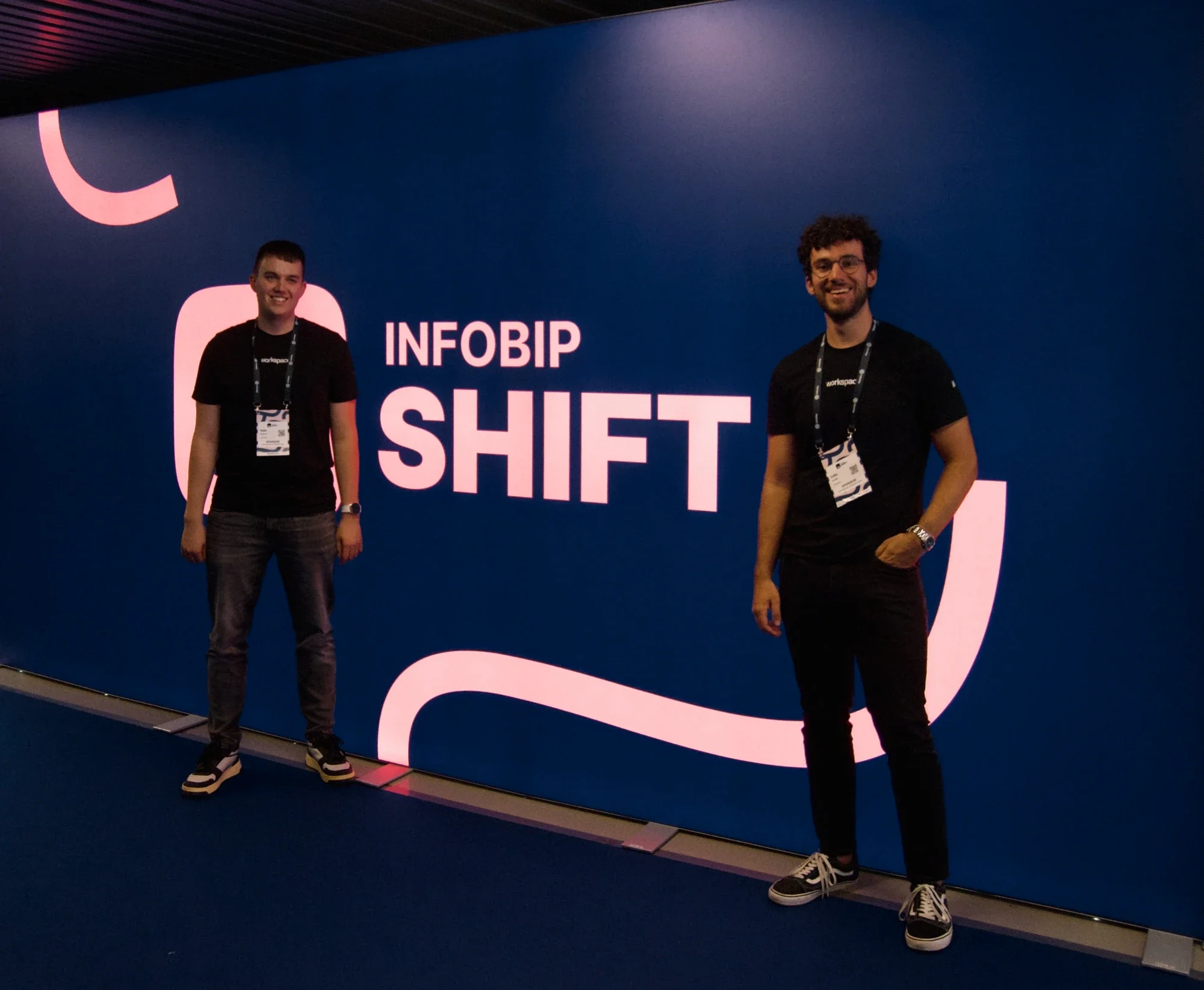 Roko Ponjarac and Luka Smiljić from Workspace at the entrance to Infobip Shift 2026 in Zadar