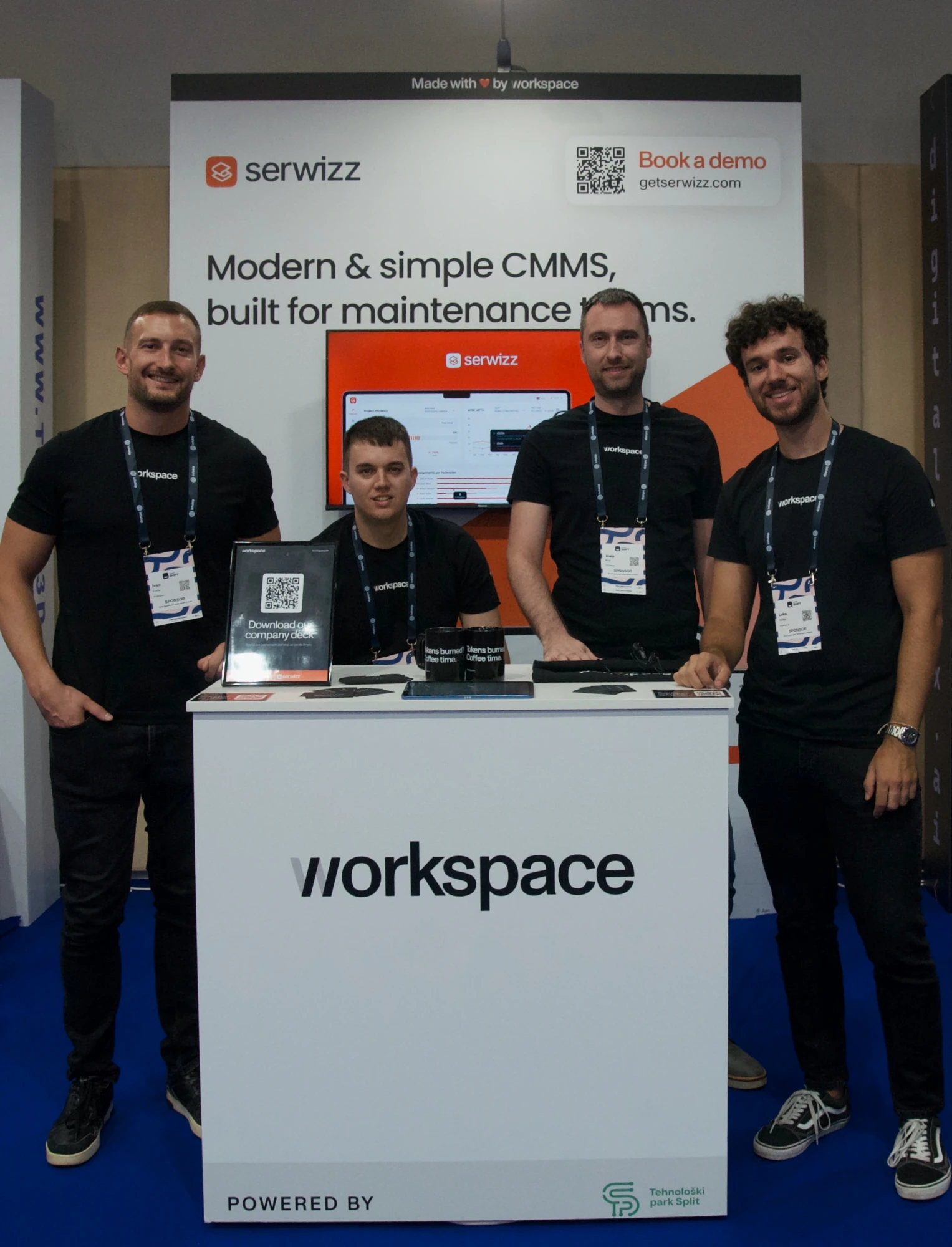 The Workspace team at their booth at Infobip Shift 2026 in Zadar: Ivan Lovrić, Josip Brčić, Roko Ponjarac and Luka Smiljić