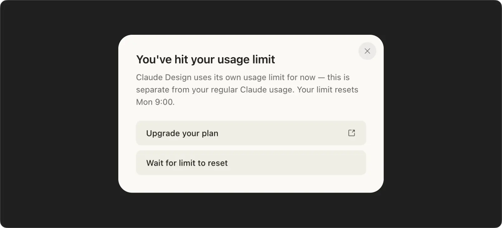 Claude Designer usage limit popup